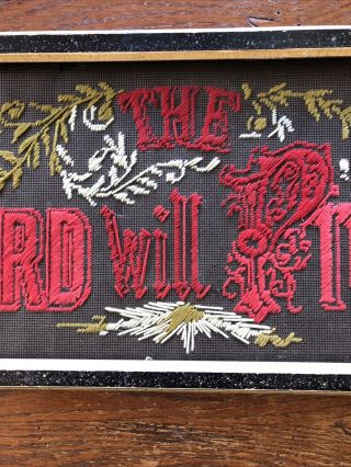 Antique Framed Turn Of The Century Wool Work Embroidery Religious Red 22” x 9” 3