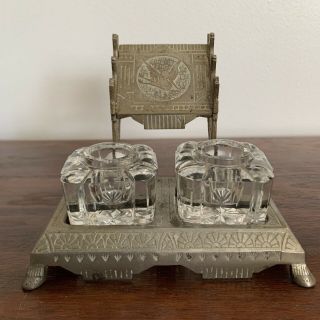 Antique Ornate Victorian Eastlake Style Cast Iron /double Glass Inkwell