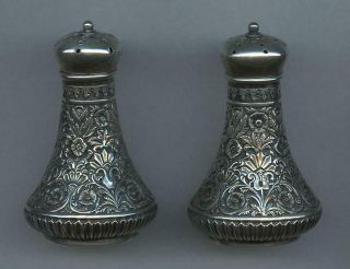18 - 1900 ' s WHITING (?) STERLING SILVER SALT & PEPPER SHAKERS - FLORAL REPOUSSE 2