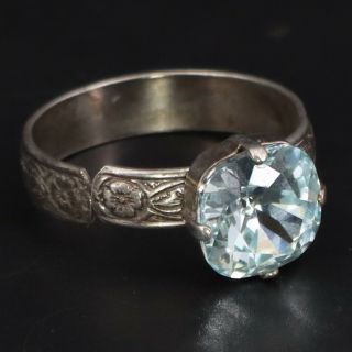 Vtg Sterling Silver Blue Rhinestone Solitaire Flower Cocktail Ring Size 10 - 3g
