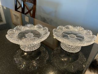 Pair Abp Cut Glass Antique 6 1/4” Tazzas Strawberry Diamond W/ Fans