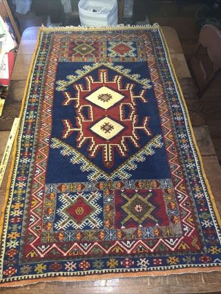 Antique Navajo Indian Persian Rug Blue Red White 76”x44 Wool Bold Colors L@@k