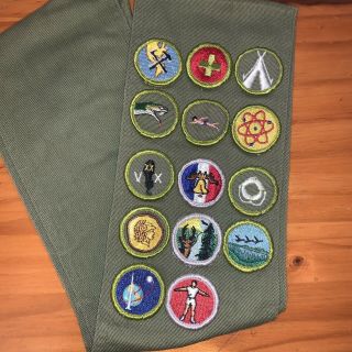 Vintage Boy Scout Bsa Merit Badge Sash With 14 Badges