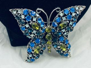 Vtg.  Shades Of Blue & Green Rhinestone Silver Tone Butterfly Brooch