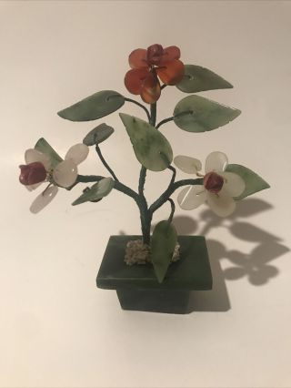 Vintage Oriental Carved Jade Bonsai Tree Flowers & Planter 5 "