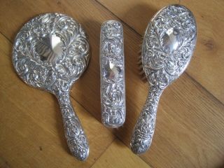 Three Piece Solid Silver Backed Dressing Table Brush Set With Mirror Birmingham