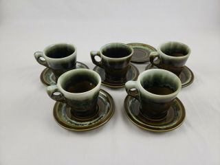 5 Cups 6 Saucers Green Drip Green Brown Unmarked Except One Pfaltzgraff Vintage