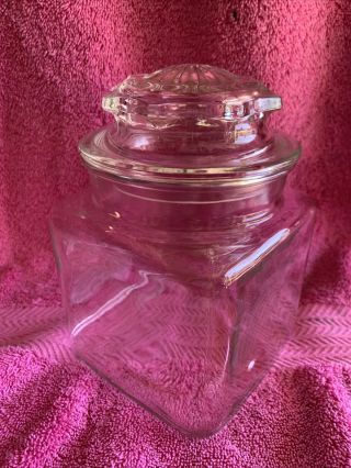 Vintage Clear Anchor Hocking Square Apothecary Jar Canister with Starburst Lid 2