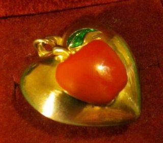 Vintage Fruit Enamel Apple Puffy Gold Heart Pendant Fob Charm