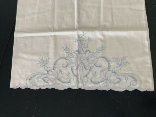 2 Vintage Cotton Pillowcases W/ Blue Embroidery