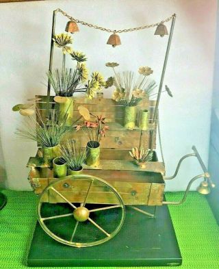 Mid Century Modern Signed C.  Jere Flower Cart Sculpture Copper & Brass