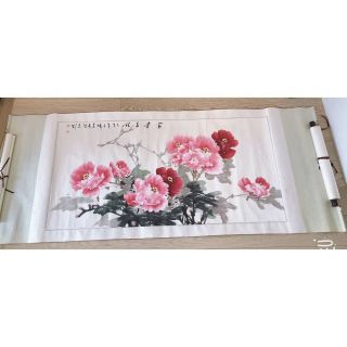 Chinese Oriental Water Colour Scroll Painting Grand Peony 178x80cm