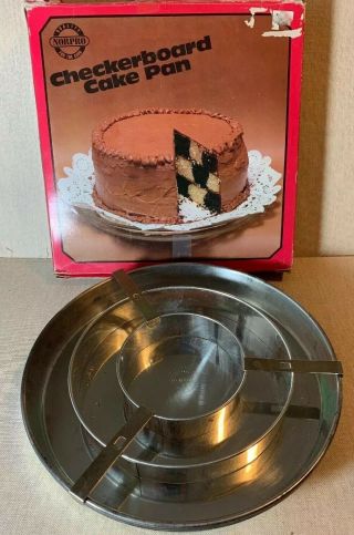 Vintage 1970s Norpro 9.  5” Checkerboard Cake Pan Set W Instructions 70s
