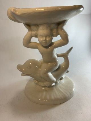 Vintage 70s White Holland Mold Ceramic Cherub On Dolphin W/seashell Soap Dish