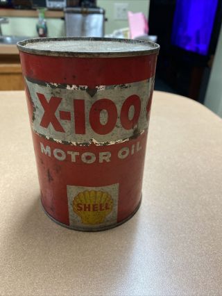 Vintage Shell X - 100 Motor Oil 1 Quart Red All Metal Can
