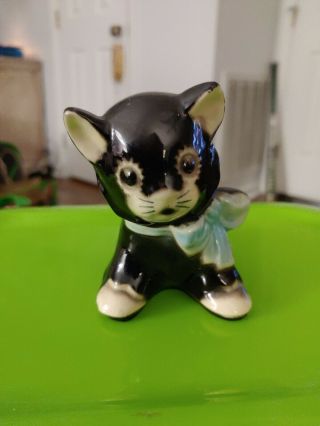 Vintage Black & White Cat Kitten Figurine W/ Blue Bow