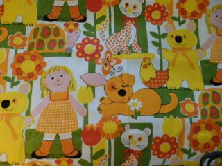 Vintage House N Home Fabric & Draperies Juvenile Kids Girl Doll Cat Bty 1 Yd