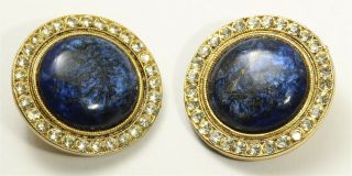 Vintage Iridescent Blue Foil Art Glass Crystal Rhinestone Clip Earrings
