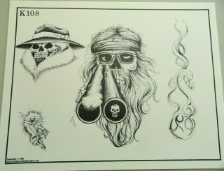 Vintage 1983 Rare Spaulding & Rogers Tattoo Flash Sheet K108 Skull Shotgun