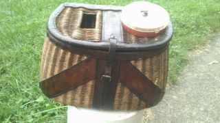 Vintage Antique Fishing Creel Basket Fisherman Trout & Fly,  A Top Lure Box