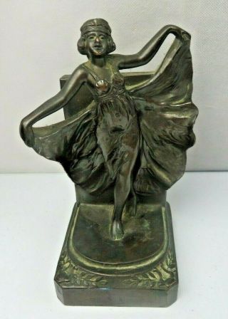 Antique 1920 Art Nouveau Bronze Lady Dancer Book End Statue 7 "