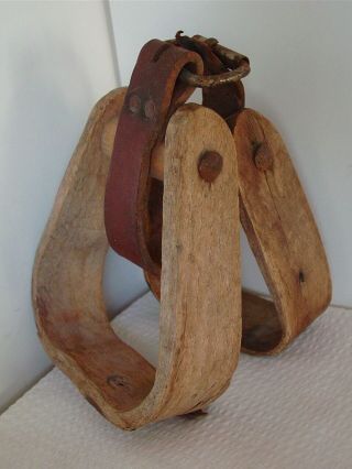 2 Vintage Old West Cowboy Stirrups Wood Pair Leather Strap - Bunkhouse Decor Horse