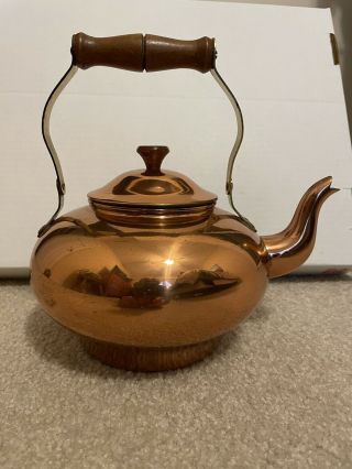 Vintage Old Dutch Copper Tea Pot Kettle W Wood Handle - Made In Portugal