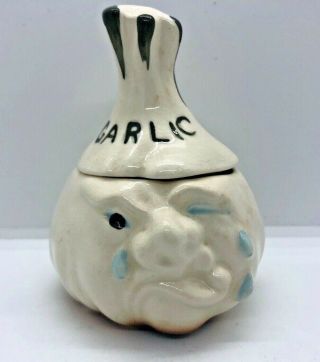 Vintage Anthropomorphic Garlic Keeper - Figural Storage Jar Crying Face