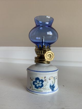 Vintage Ceramic Floral Blue Mini Oil Lamp 4”