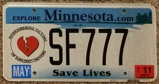 2011 Minnesota Save Lives Broken Heart License Plate Mn 11 Impaired Drivers 777