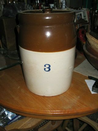 Antique 3 Gal Stoneware Crock & Lid With 3 Two Tone