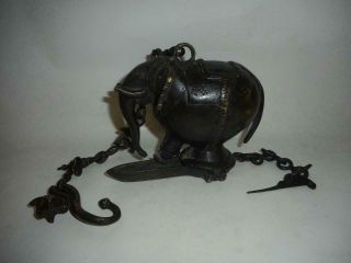 Antique India Top High Aged Bronze Shrine Altar Hanging Lamp With Elephan Figure