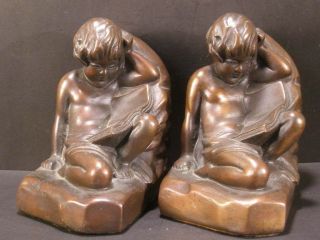 Antique Bronze Clad Nude Boy Cherub Figure Bookends Statue Sculpture La France