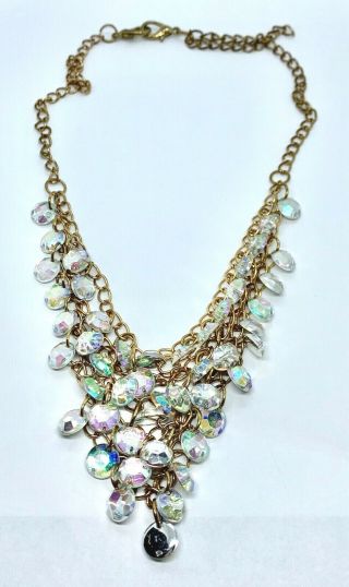 Vintage Gold Tone Chunky Aurora Borealis Beaded Chain Bib Necklace Jewelry