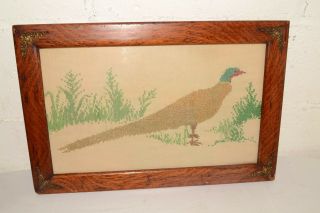 Arts & Crafts Antique/vtg Tiger Oak 23 X 16 " Frame Framed Needlepoint Pheasant