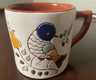 Vintage Cup Mug Marian Grider Penn Dutch Redware Pottery Distelfink Bird Coffee
