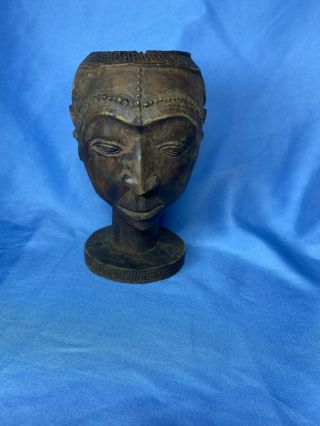 Antique Hand Carved Wooden African Tribal Mans Face Kuba Palm Wine Cup