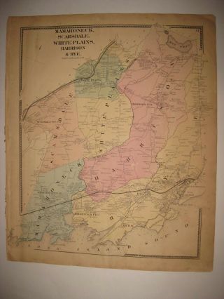 Antique 1867 Mamaroneck Scarsdale Harrison Rye White Plains York Handclr Map