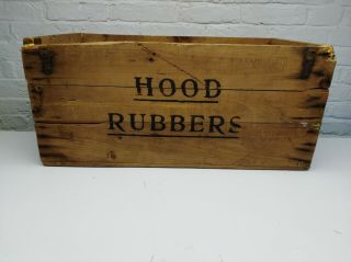 Antique Hood Rubbers Co Wood Box Advertising Crate Weathered Rustic Boston Ma