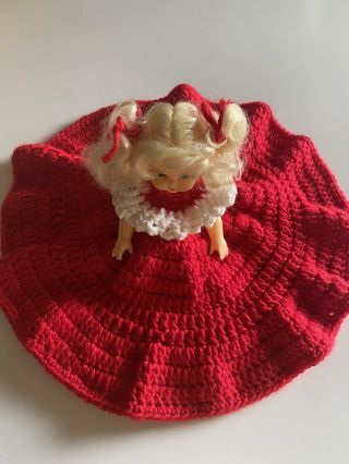 Vintage Dresser Doll Pillow Doll With Red And White Crocheted Dress