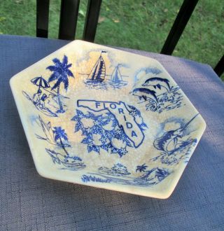Vintage 1950 ' s FLORIDA Souvenir Dish Flow Blue and White Old Crackled Bowl 5.  5 