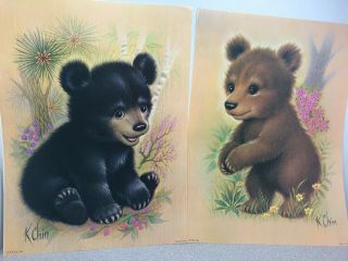 2 Bear Vintage Lithograph Poster Prints By K Chin B.  P.  Co.  9”x12”
