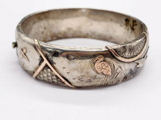 Antique Victorian9ct Gold On Solid Sterling Silver Aesthetic Bangle Bracelet
