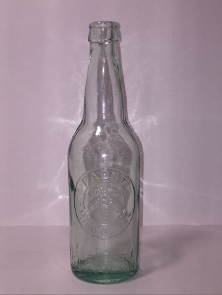 Vtg Green Blue Glass Pabst Milwaukee Leaf Logo Embossed Beer Bottle With Bubbles