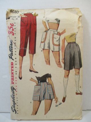 Simplicity Pattern 4680 Miss Size Waist 30 " Hip 39 " Pedal Pushers Shorts Vintage