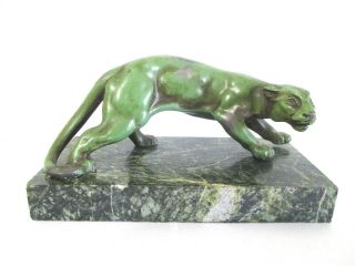 1930 French Art Deco Patinated Metal Panther Sculpture On Marble Base.