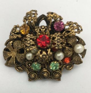 Czechoslovakian Brooch Vintage Brass Colored Rhinestone Faux Pearl Ornate Pin