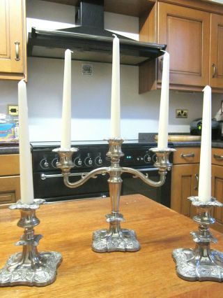 Old Antique Regency Style Silver Plate Candelabra & 2 Matching Candlesticks