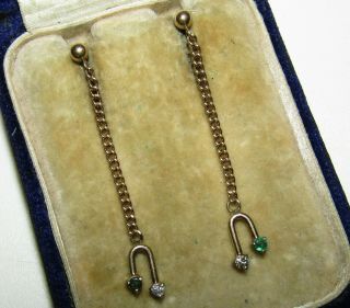 Gorgeous,  Unusual Antique Edwardian 9 Ct Gold Earrings With Emerald And Diamonds