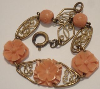 Vintage Art Deco Carved Faux Coral Celluloid Bracelet